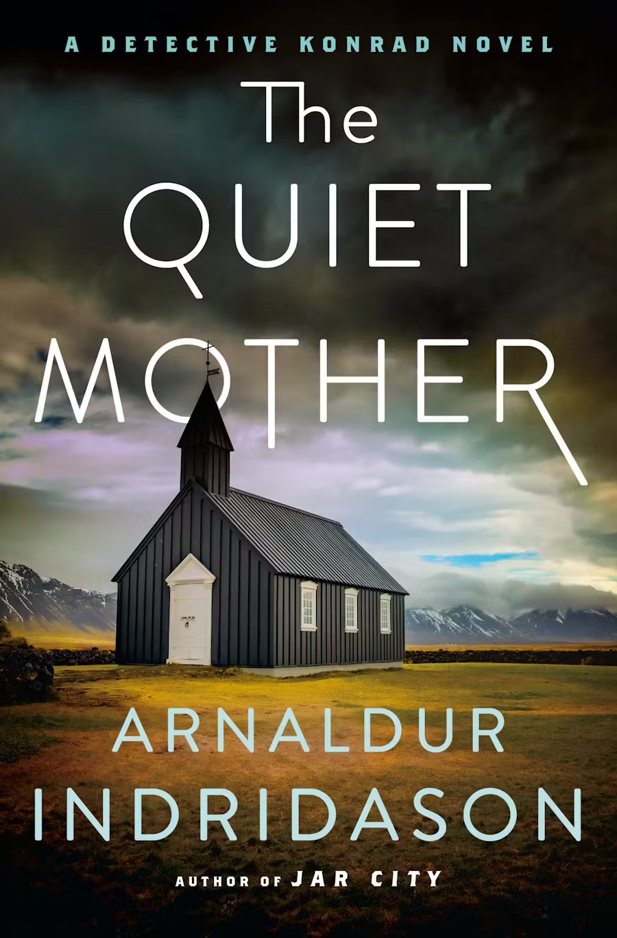 "The Quiet Mother" book cover by Arnaldur Indridason, featuring a black church in a moody landscape.