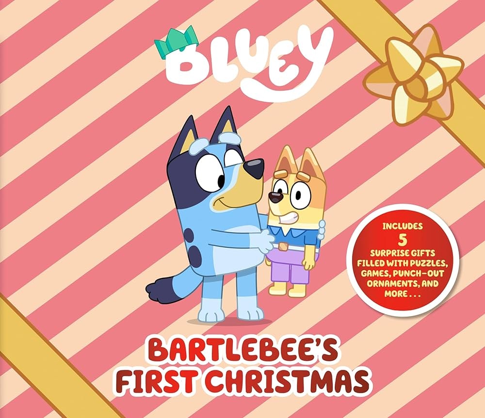 An illustration of two cartoon dogs from the show "Bluey," with text promoting "Bluey: Bartlebee's First Christmas" and included surprise gifts.