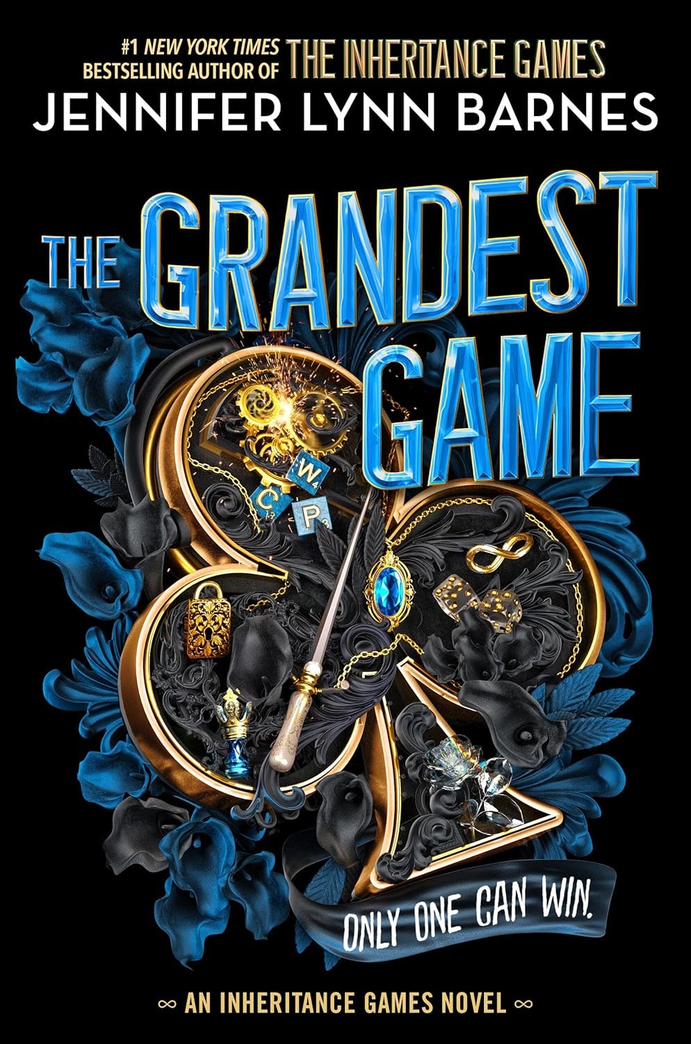 A book cover titled "The Grandest Game" by Jennifer Lynn Barnes with intricate designs and the phrase "Only one can win".