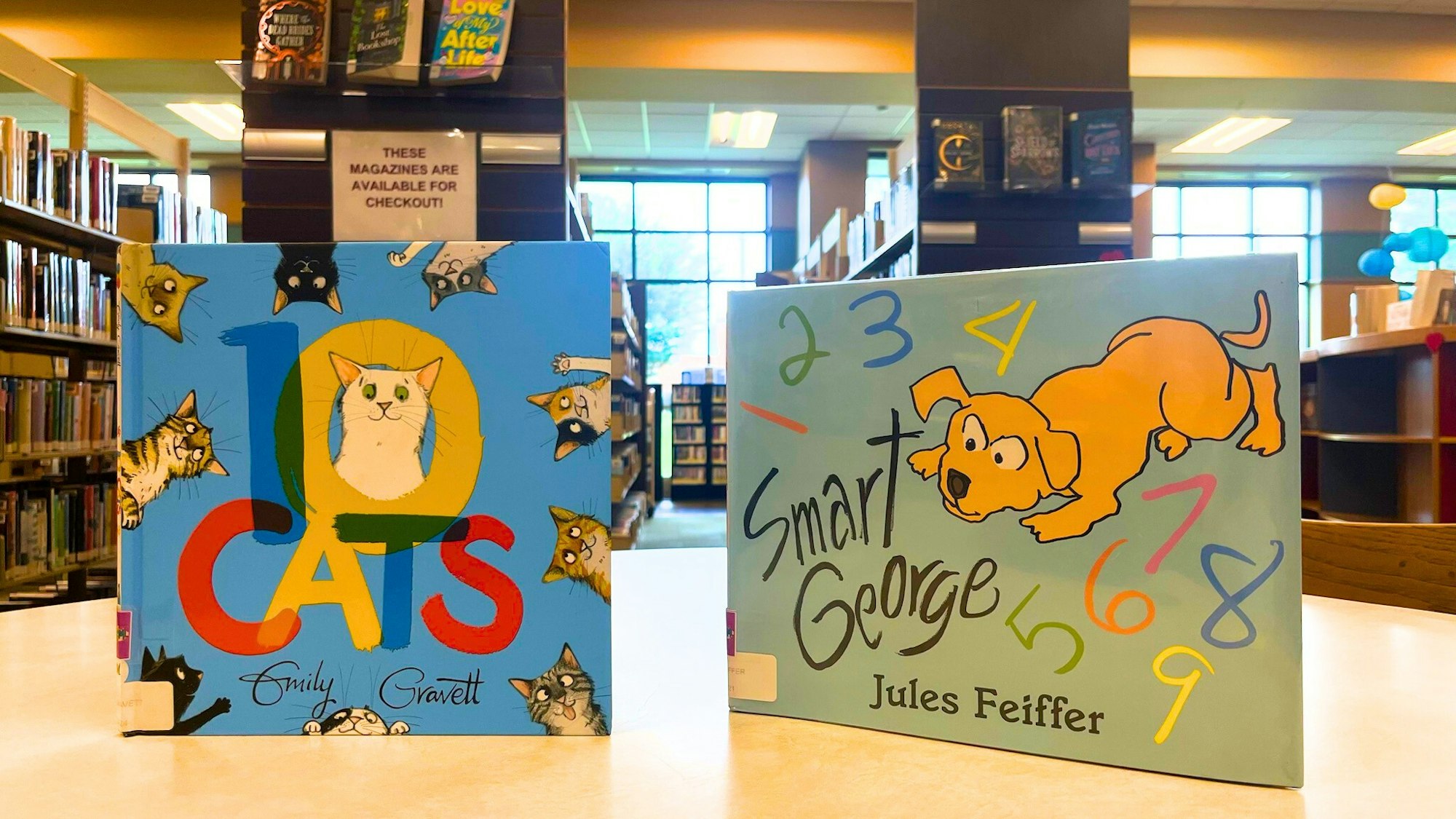 Two children's books on display: "10 Cats" by Emily Gravett and "Smart George" by Jules Feiffer, in a library setting.