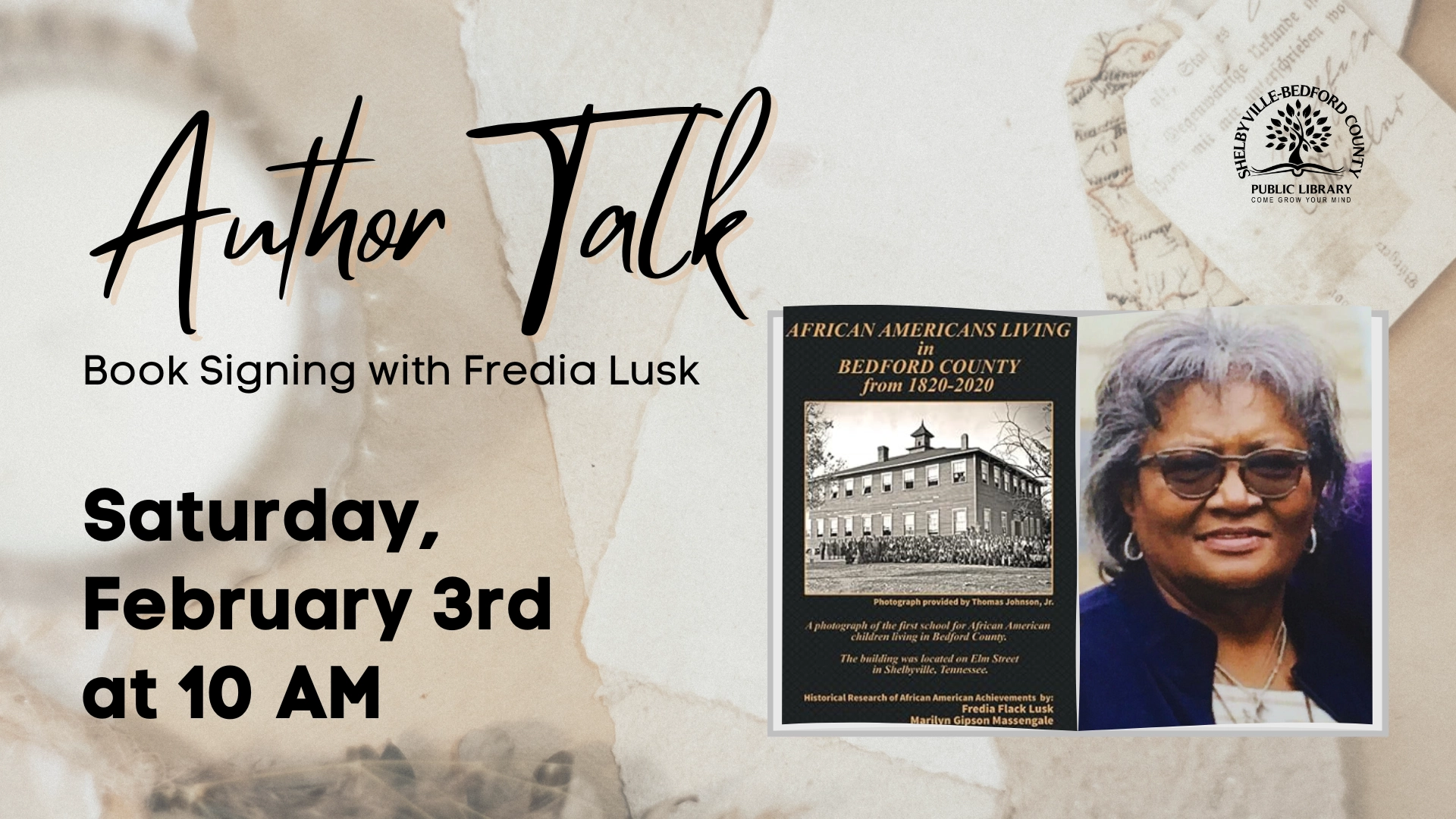 Promotional image for an author talk and book signing event with Fredia Lusk on African American history in Bedford County.