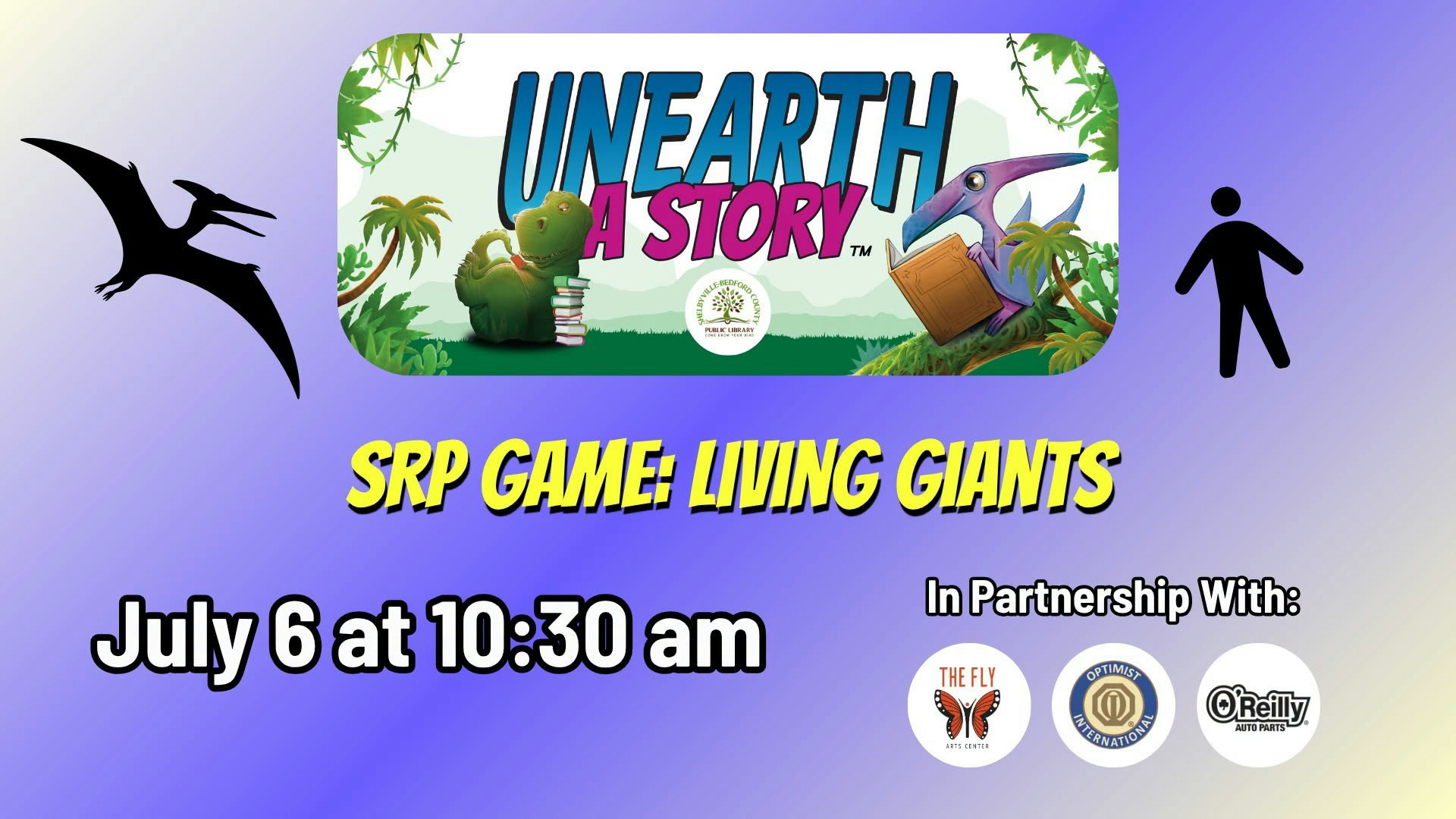 A promotional image for the "Unearth a Story" game event on July 6 at 10:30 am, featuring dinosaurs and partners listed.