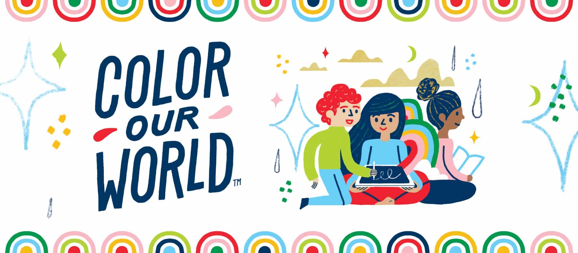 Illustration with "Color Our World," featuring three people drawing and reading, surrounded by colorful patterns and shapes.