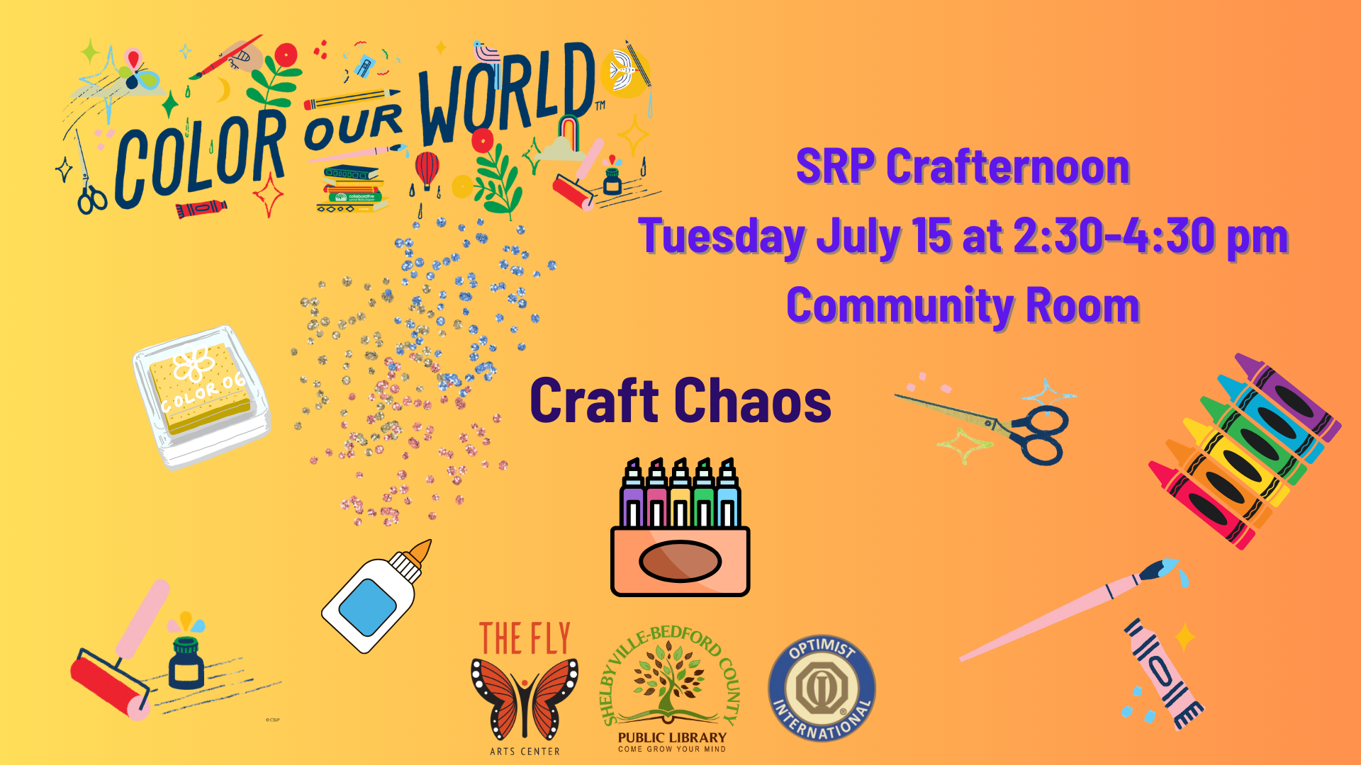 Craft event poster with "Color Our World," details for "SRP Crafternoon" on July 15, and various art supplies.
