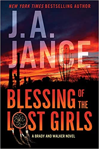 A book cover with title "Blessing of the Lost Girls" by J.A. Jance, featuring a sunset and a dreamcatcher silhouette.