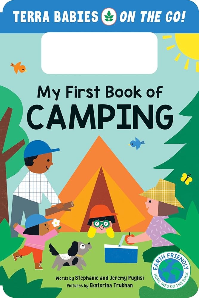 Illustrated cover of "My First Book of Camping" with a family, tent, and nature-themed elements.