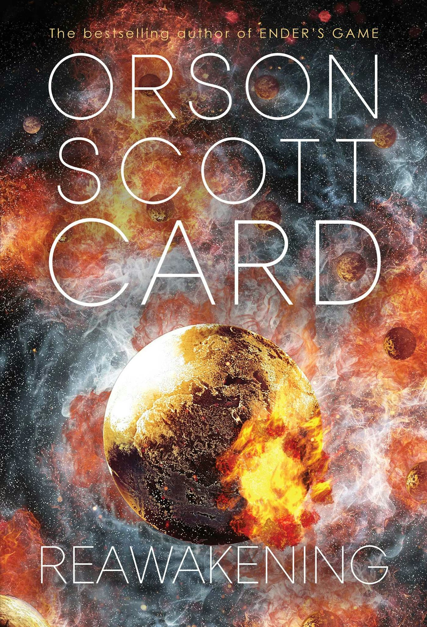 Book cover of "Reawakening" by Orson Scott Card featuring a fiery planet and space backdrop.