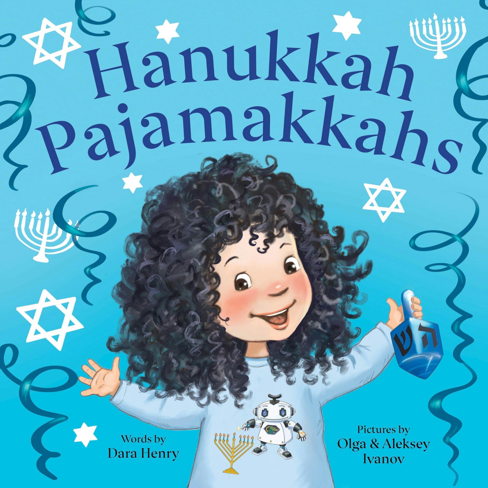 Illustration of a cheerful child holding a dreidel, with Hanukkah motifs like menorahs and stars of David.