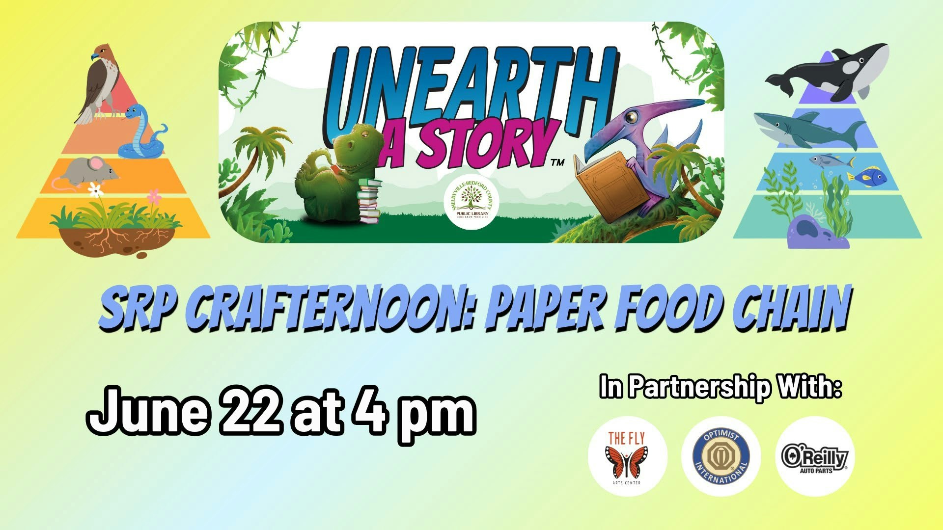 Event announcement for "SRP CrafterNoon: Paper Food Chain" on June 22 at 4 PM. In partnership with local organizations.