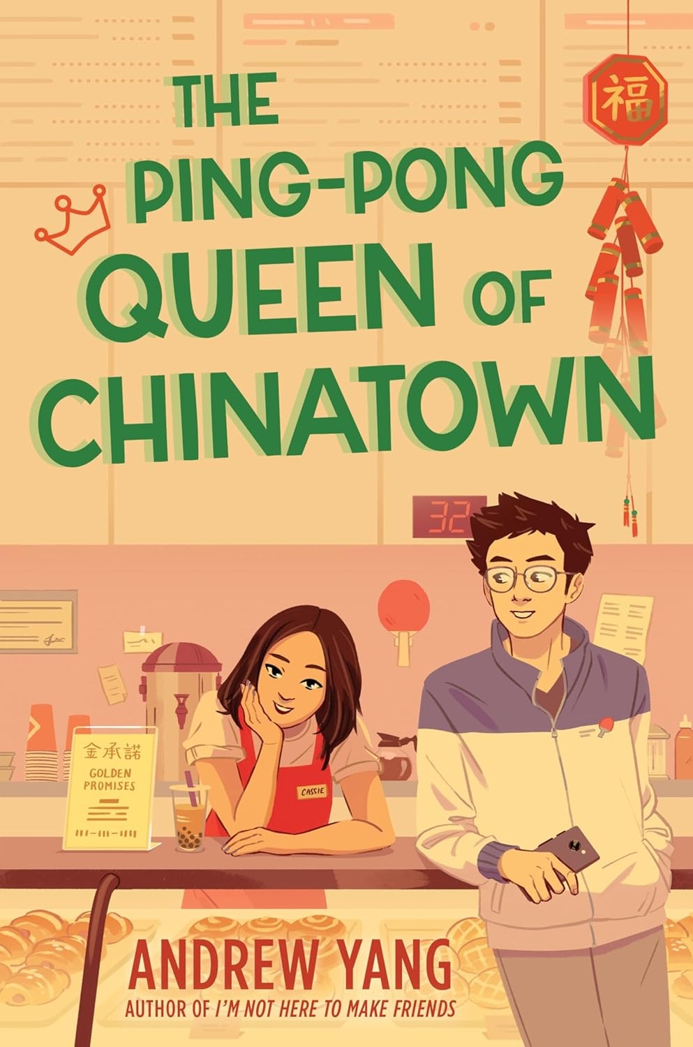 Book cover titled "The Ping-Pong Queen of Chinatown" by Andrew Yang, featuring two animated characters in a bakery/café setting.