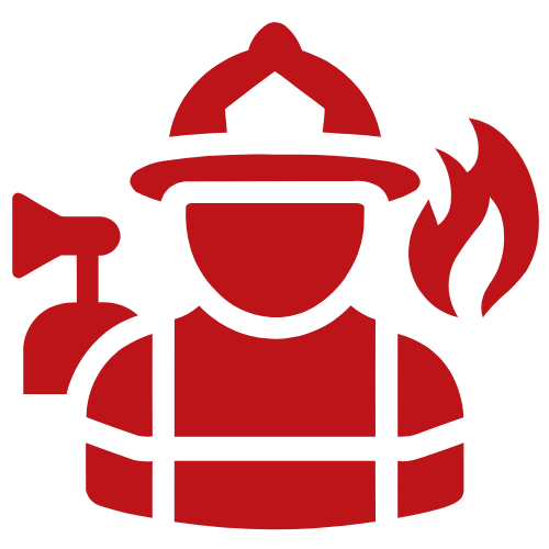 A red firefighter icon with a helmet, hose, and flame.