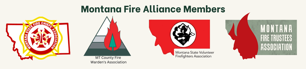 Logos of Montana Fire Alliance members: Chiefs Association, County Fire Wardens, Volunteer Firefighters, Fire Trustees.