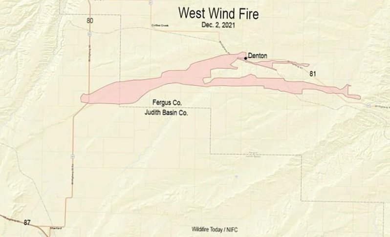 Map of the West Wind Fire in Montana showing affected areas in Fergus and Judith Basin Counties as of Dec 2, 2021.