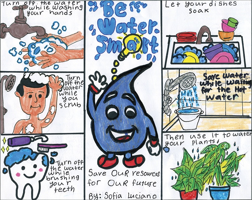 Comic promoting water conservation with tips like turning off taps while washing, soaking dishes, and reusing water for plants.