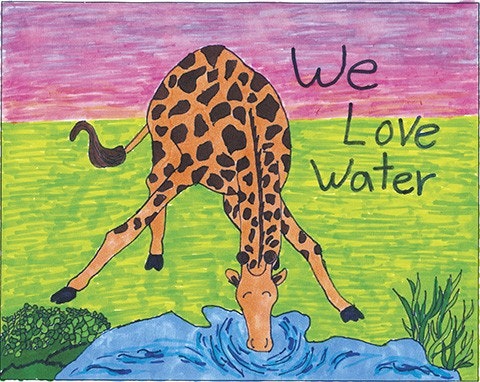 A colorful drawing of a giraffe drinking from a water source, with "We Love Water" written prominently.