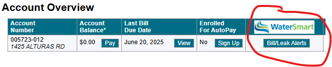Account overview with balance, due date, autopay status, and options for WaterSmart and bill/leak alerts.