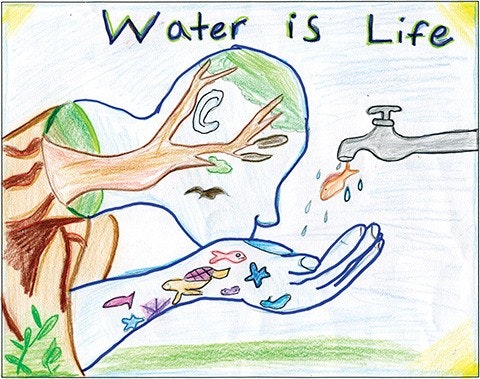 A colorful drawing illustrating the theme "Water is Life," showing a figure with nature elements and water flowing from a tap.