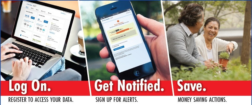 Image shows steps to save money: log on, get notified, and take money-saving actions, with people using devices and gardening.