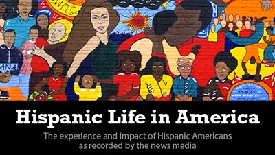 A colorful mural depicting Hispanic American life, highlighting their experiences and impact as reported by the news media.