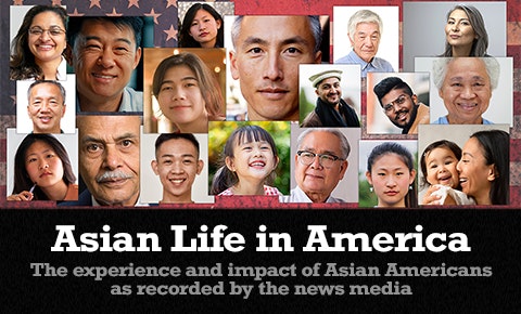 The image showcases diverse faces representing Asian Americans, highlighting their experiences and impact, as documented by news media.