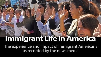 The image depicts a group of people raising their hands, related to the theme of "Immigrant Life in America," focusing on their experiences.