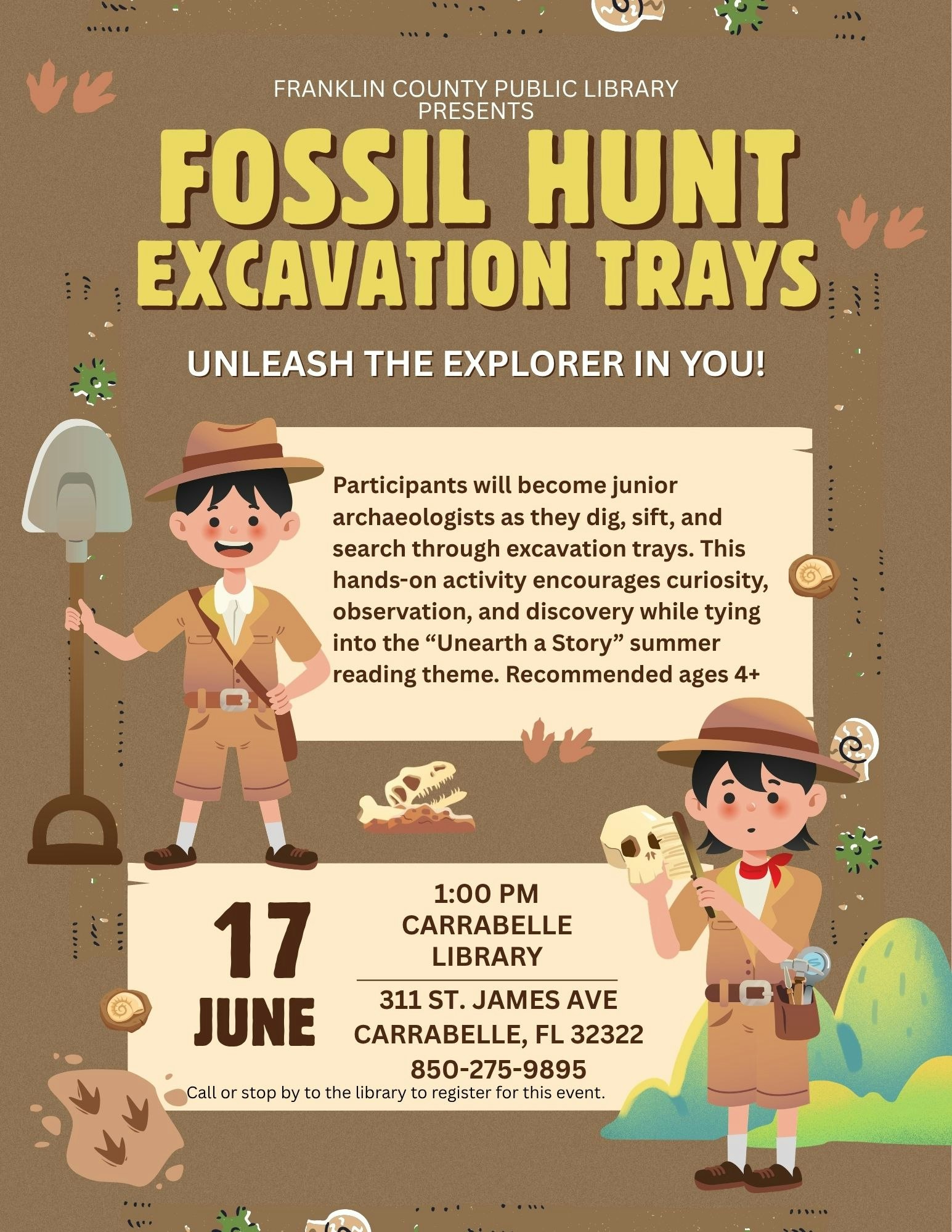 Join the Franklin County Public Library's Fossil Hunt on June 17 at 1 PM for kids 4+. Explore, dig, and discover fossils!