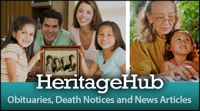 The image features a family with a photo frame, promoting HeritageHub, a resource for obituaries and news articles.
