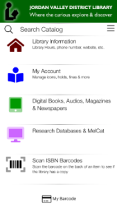 The image shows a mobile interface for Jordan Valley District Library, featuring catalog search, account management, and resources like digital books.