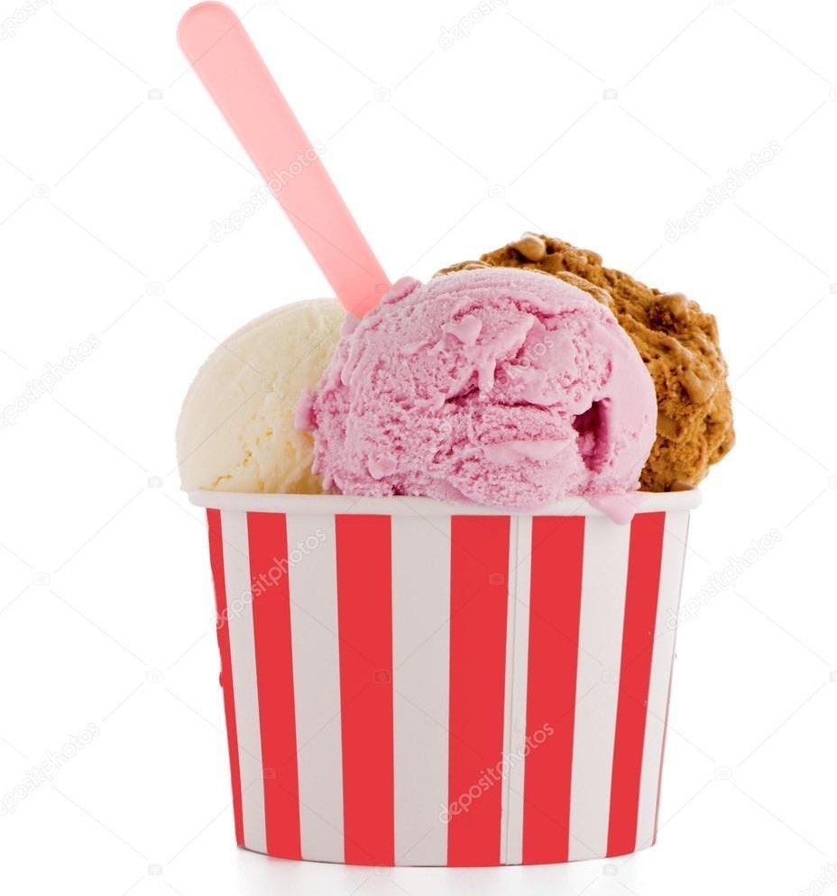A cup with three scoops of ice cream: vanilla, pink (likely strawberry), and chocolate, served with a pink spoon.