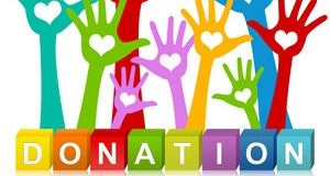 The image features colorful hands with heart symbols and blocks spelling "DONATION," promoting charitable giving.
