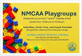 The image promotes NMCAA Playgroups at Jordan Valley District Library, for kids 0-5, on 2nd and 4th Tuesdays, 10:30 AM - 12 PM.