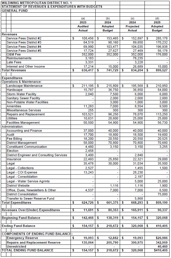 Revenue and expenditure statement for WildWing Metro District No. 1 from 2023-2025, detailing service fees and fund balances.