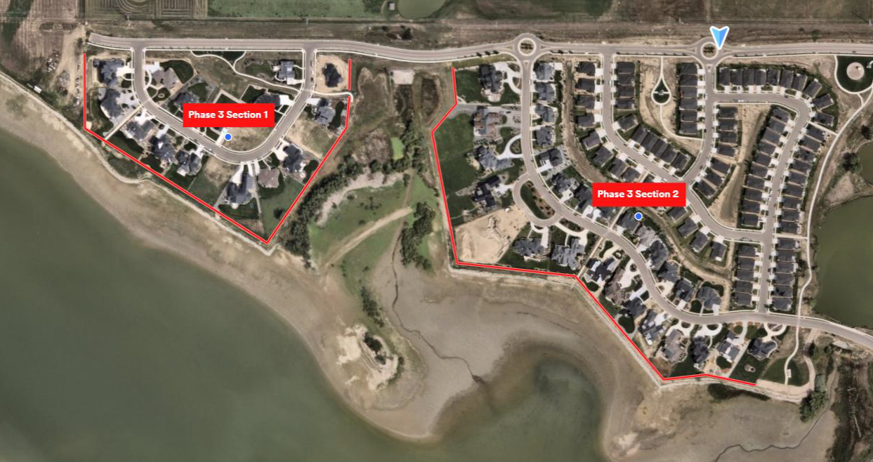 The image shows a map of residential areas labeled as "Phase 3 Section 1" and "Phase 3 Section 2" near a body of water.