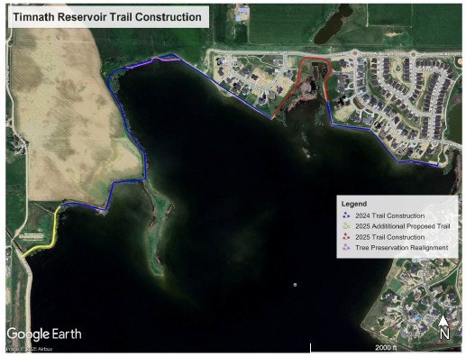 Map of Timnath Reservoir showing planned trail constructions for 2024 and 2025 with color-coded paths and realignment areas.
