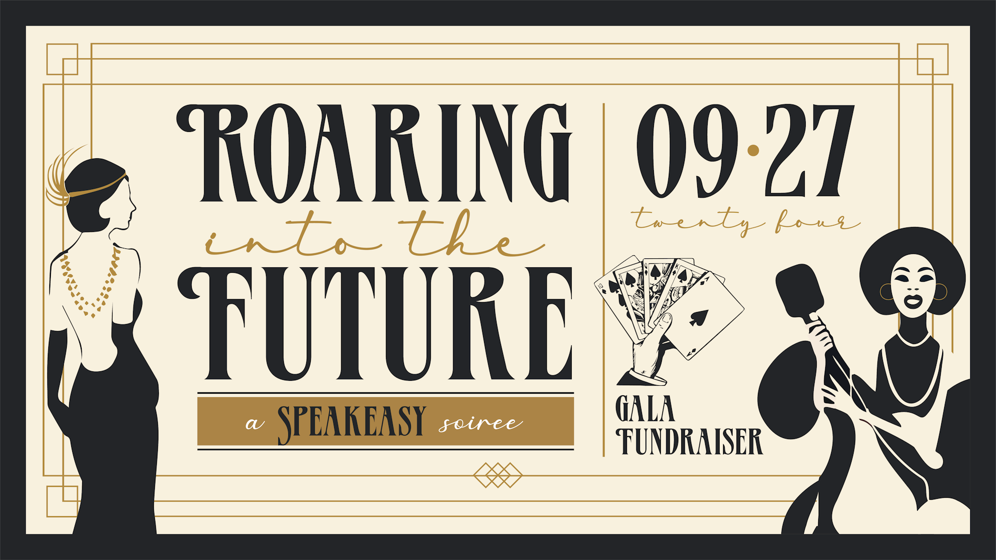 An art deco style event poster with the title "ROARING into the FUTURE", featuring stylized figures, a date, and the words "speakeasy soiree gala fundraiser".