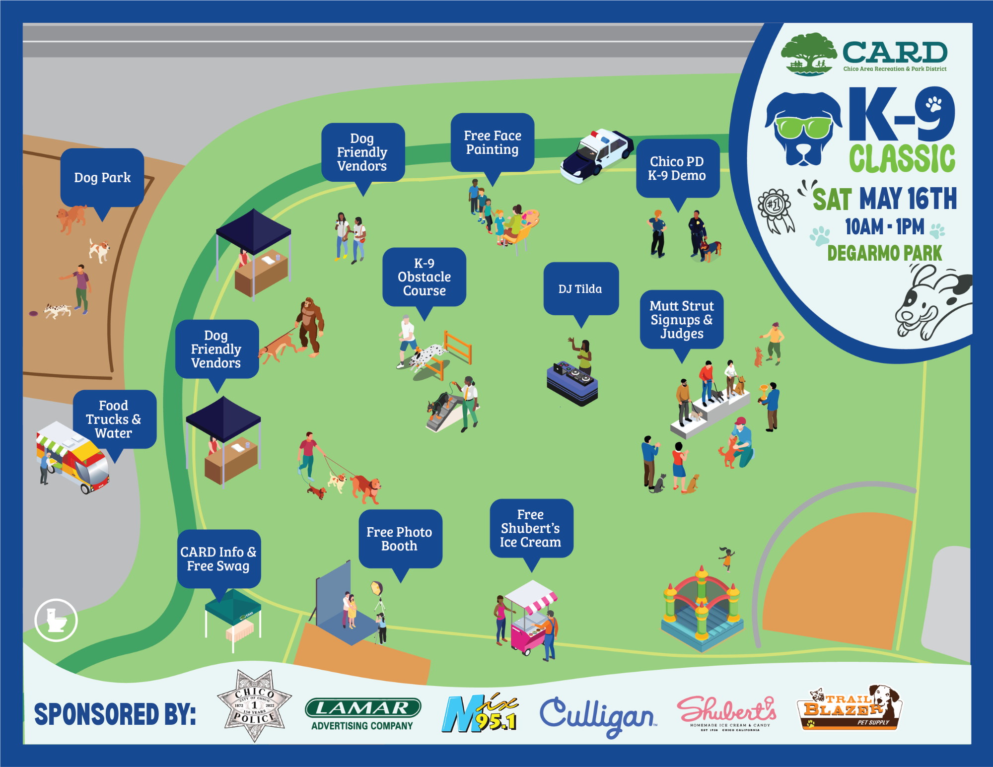 The image is a map for the K-9 Classic event on May 16th at Degarmo Park, featuring dog activities, food trucks, and vendors.
