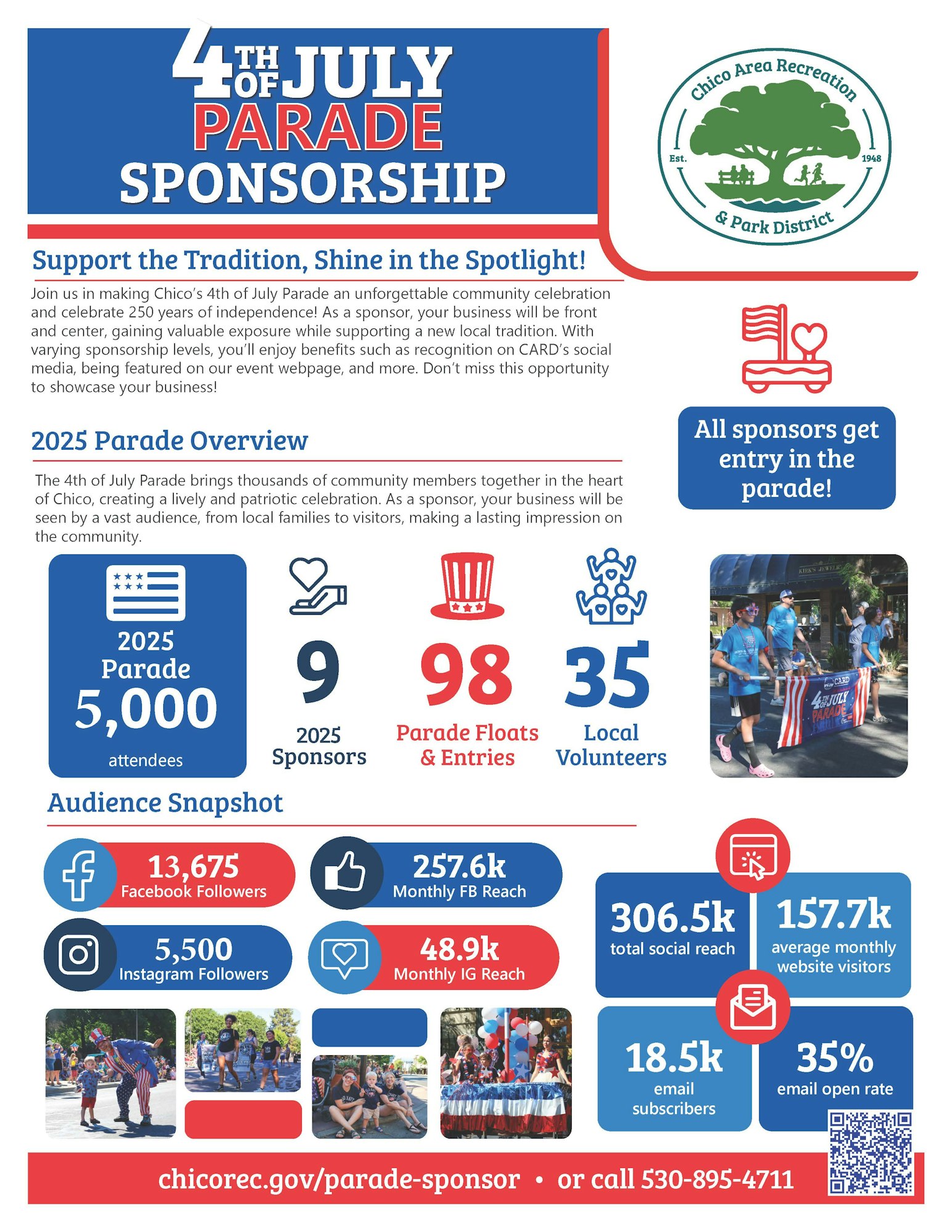 The image promotes sponsorship for Chico's 4th of July Parade, highlighting benefits, stats, and audience reach for potential sponsors.