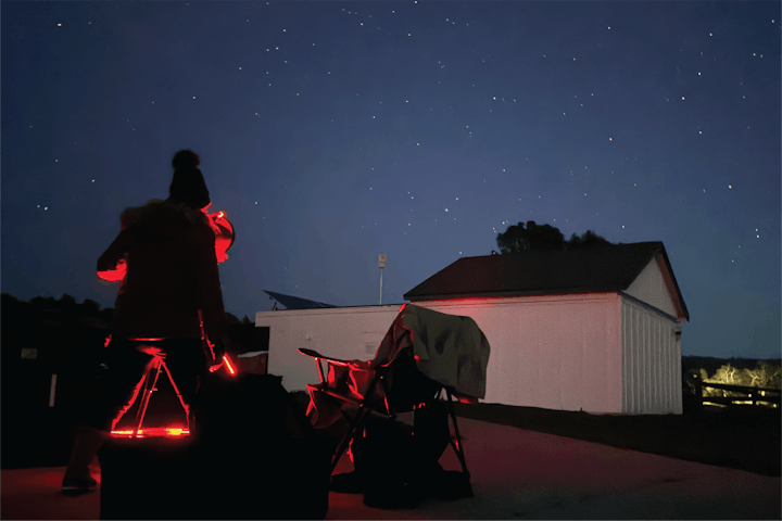 People with telescopes under starry night sky.