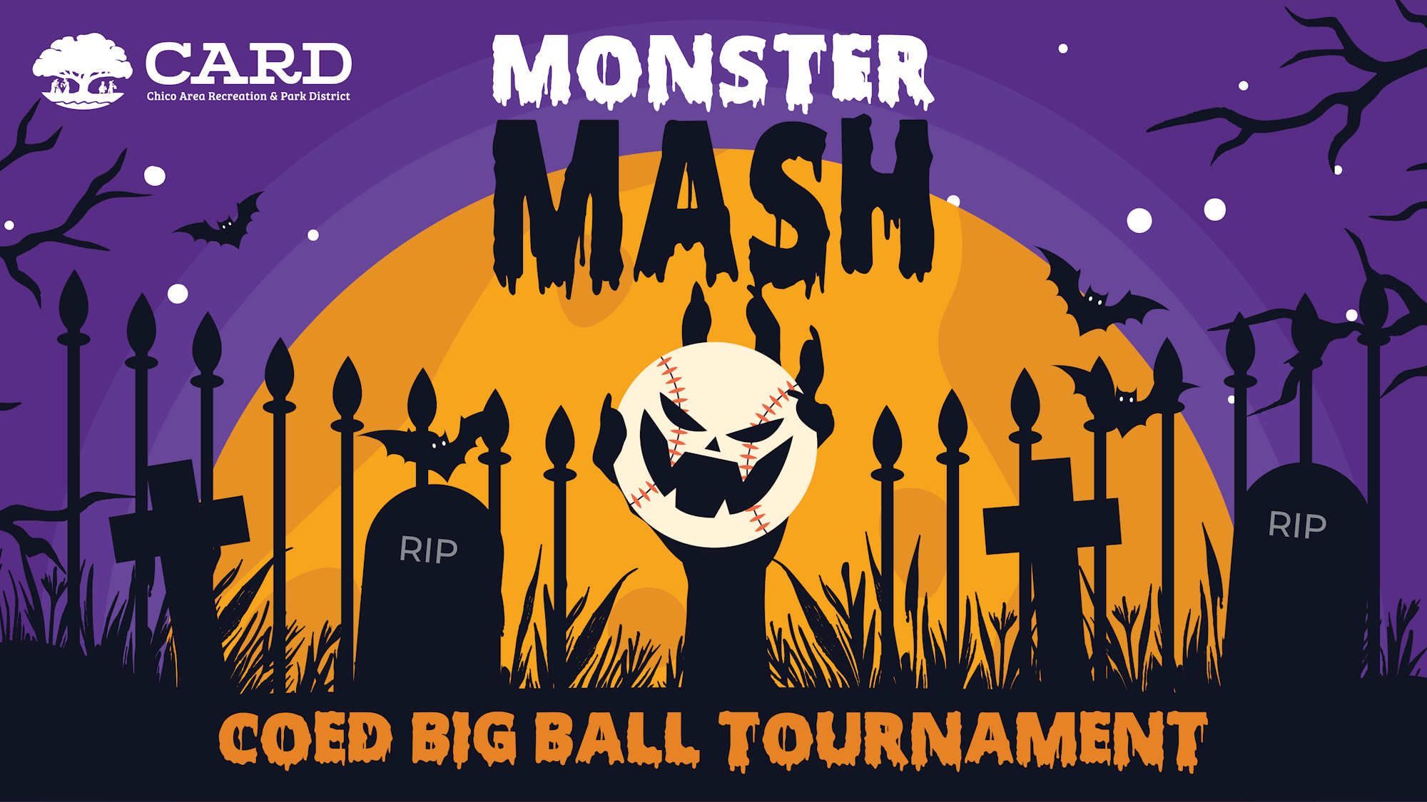 Halloween-themed poster with "Monster Mash COED BIG BALL TOURNAMENT," bats, graves, and a spooky baseball.