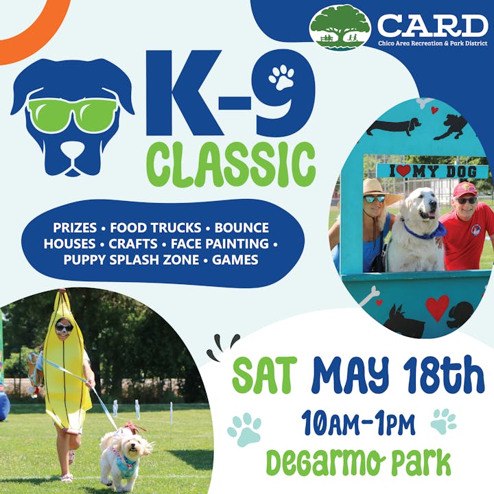 A colorful event flyer for “K-9 Classic” with activities, featuring a person and dogs, date, time, and location details.