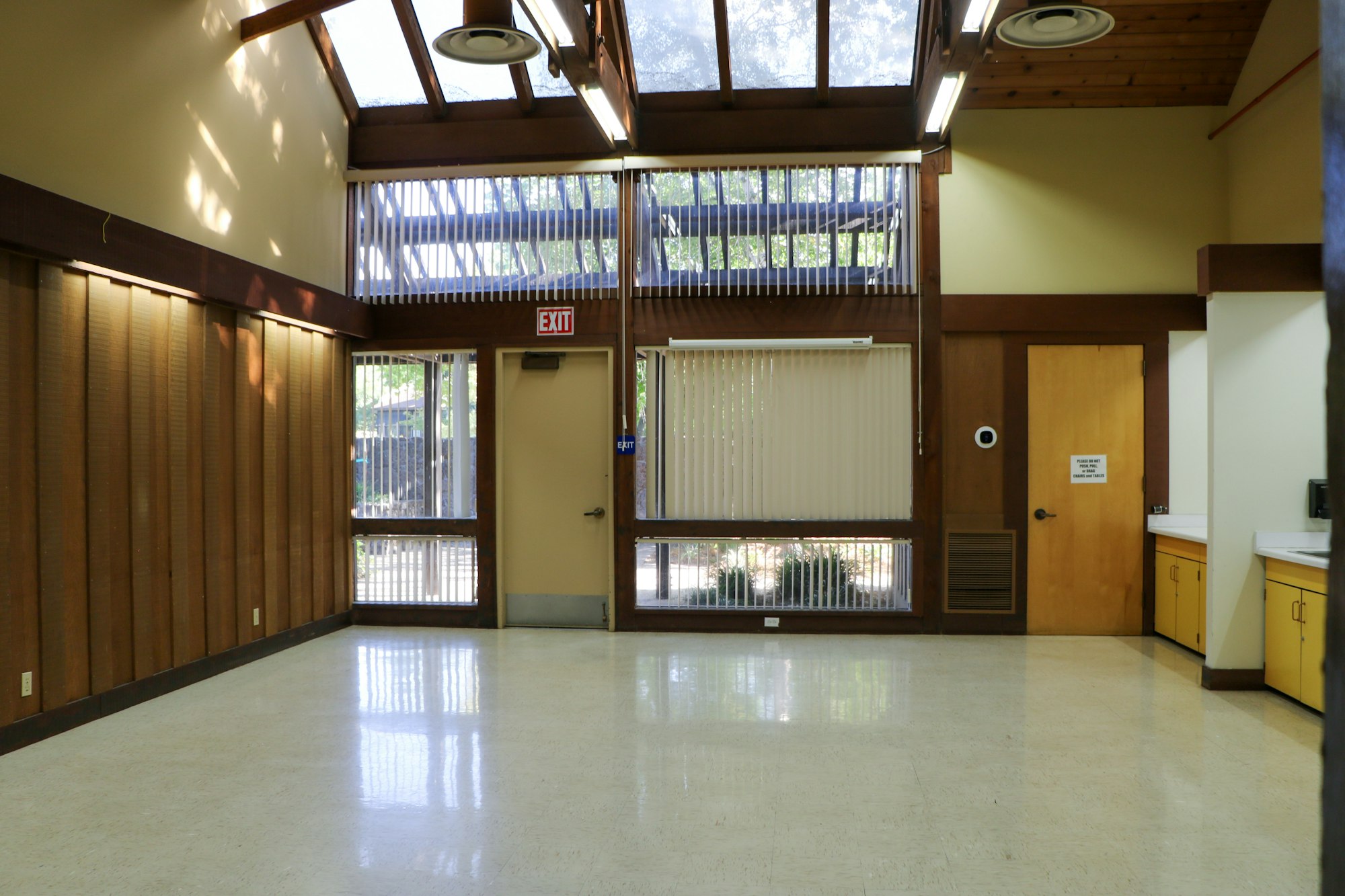 An empty room with wood-paneled walls, large windows, vinyl flooring, and skylights.