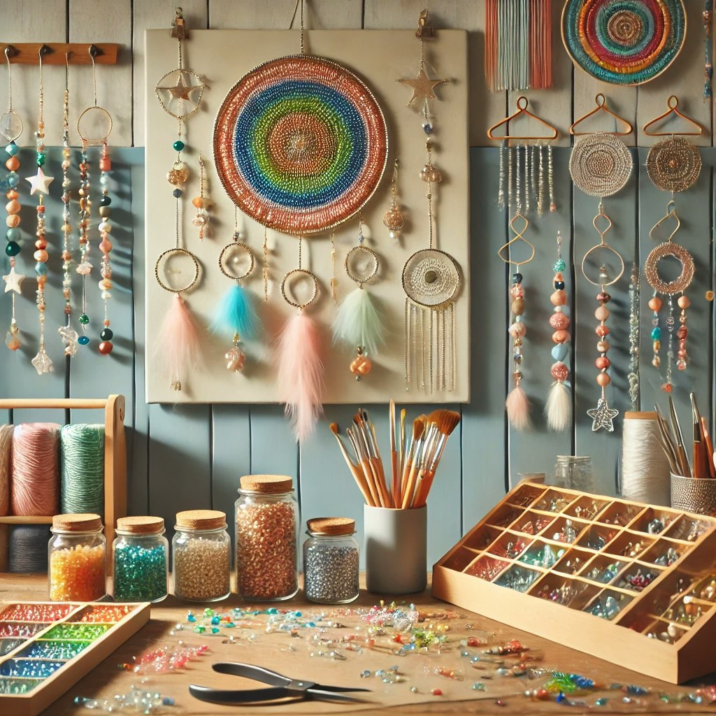 Craft workspace with dreamcatchers, beads, threads, jars, and paintbrushes on a wooden table and blue wall.