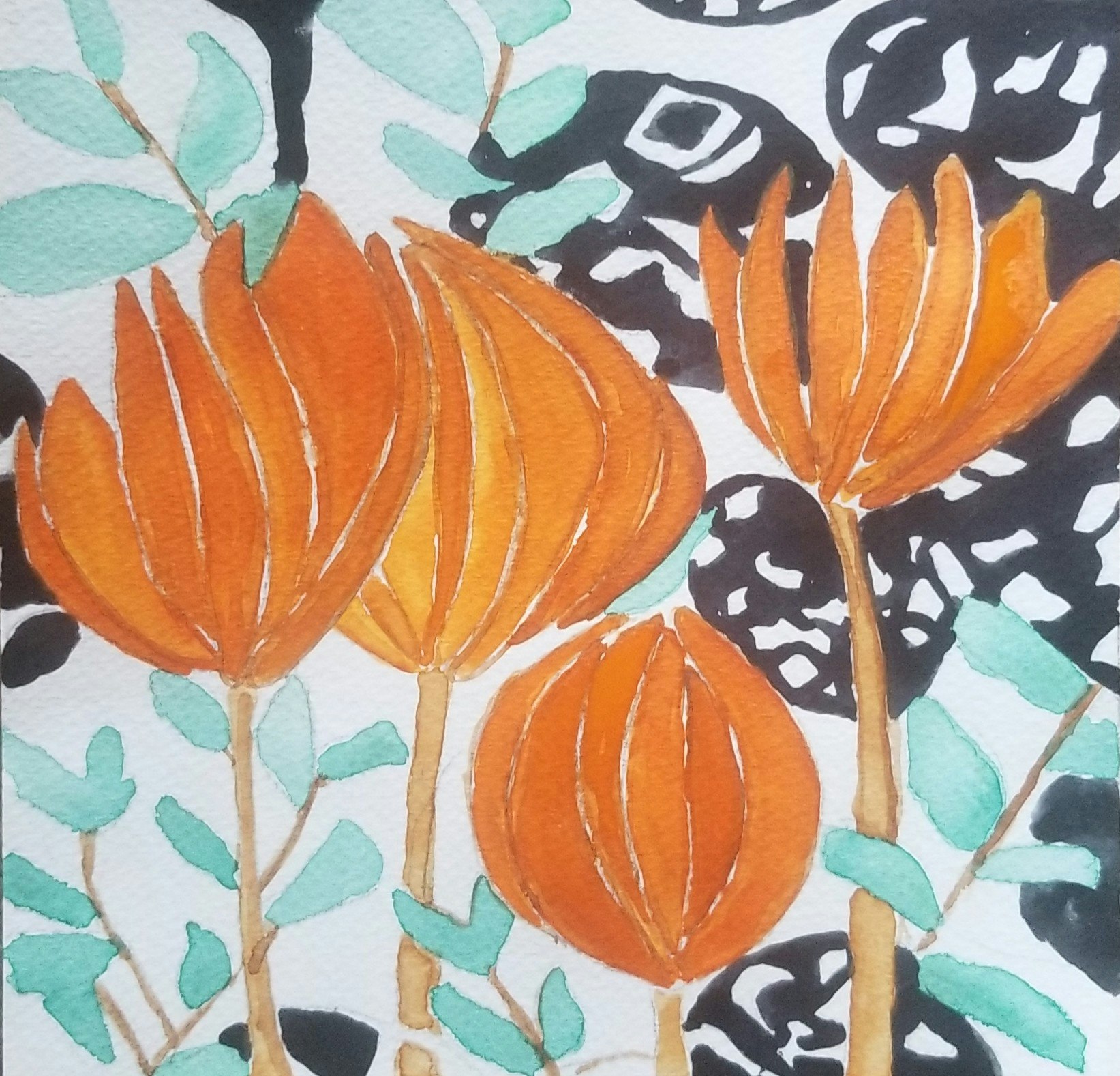 A colorful watercolor illustration of orange flowers with green leaves against a black-and-white patterned background.