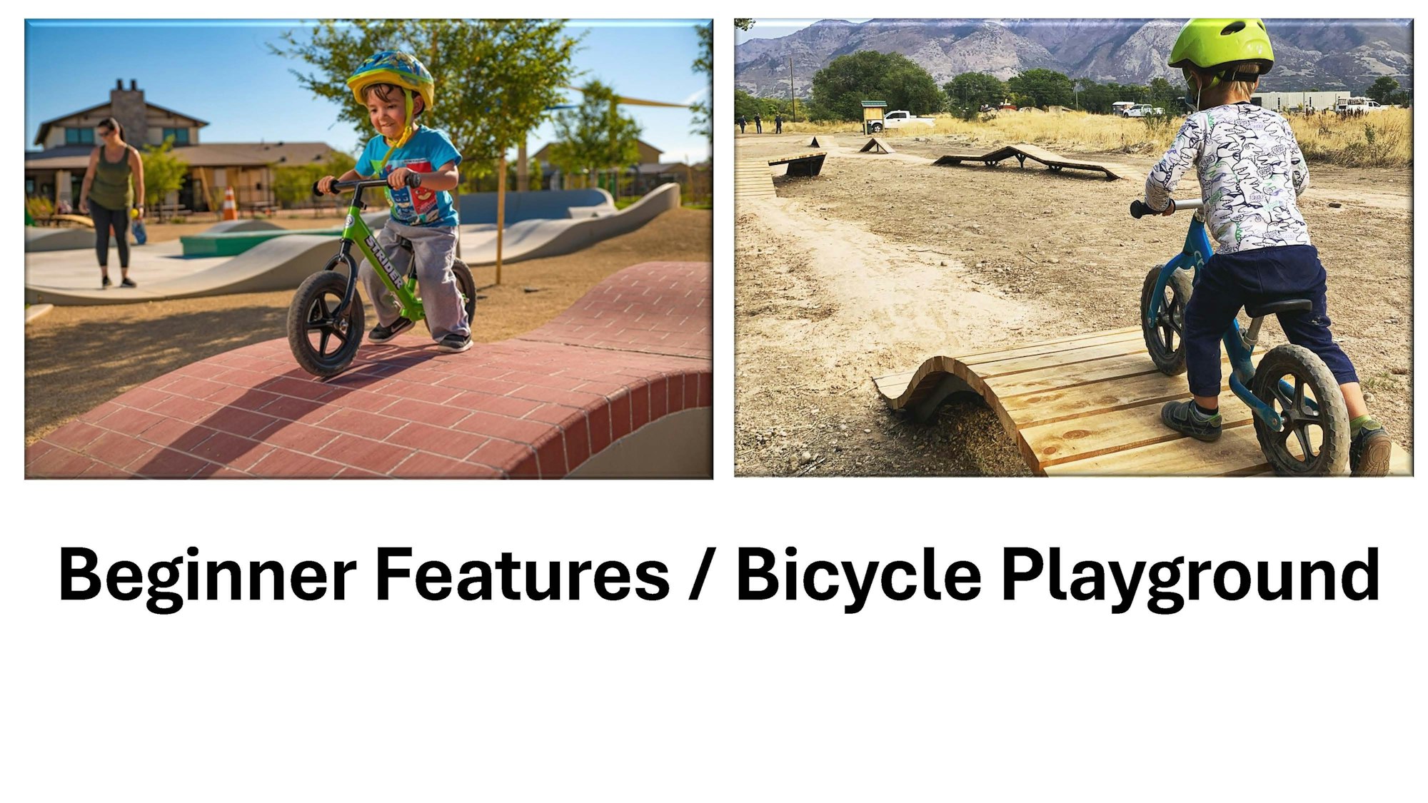 Two kids on balance bikes on playground obstacle tracks.