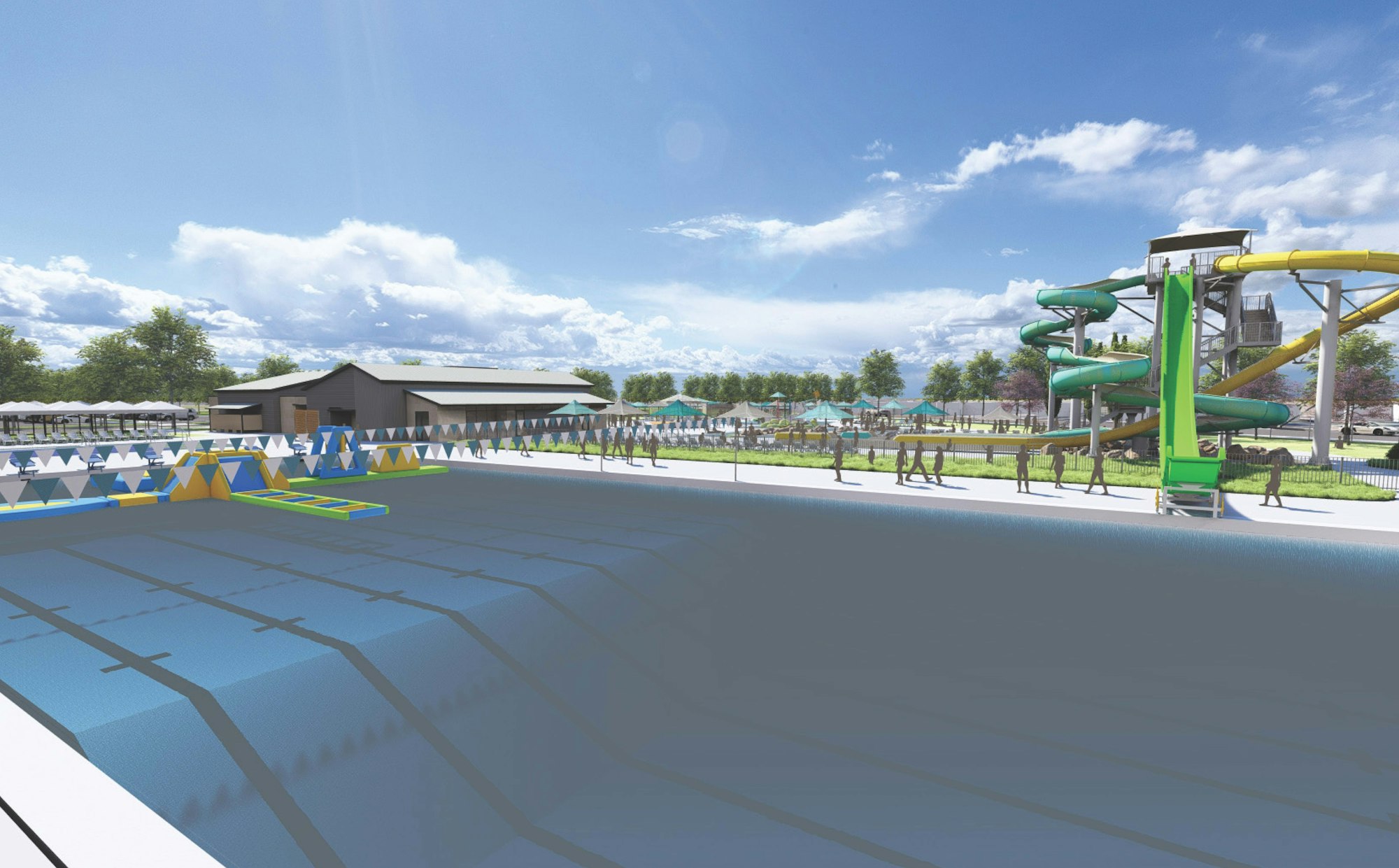 Render of a water park with slides, pools, lounging areas, and buildings on a sunny day.