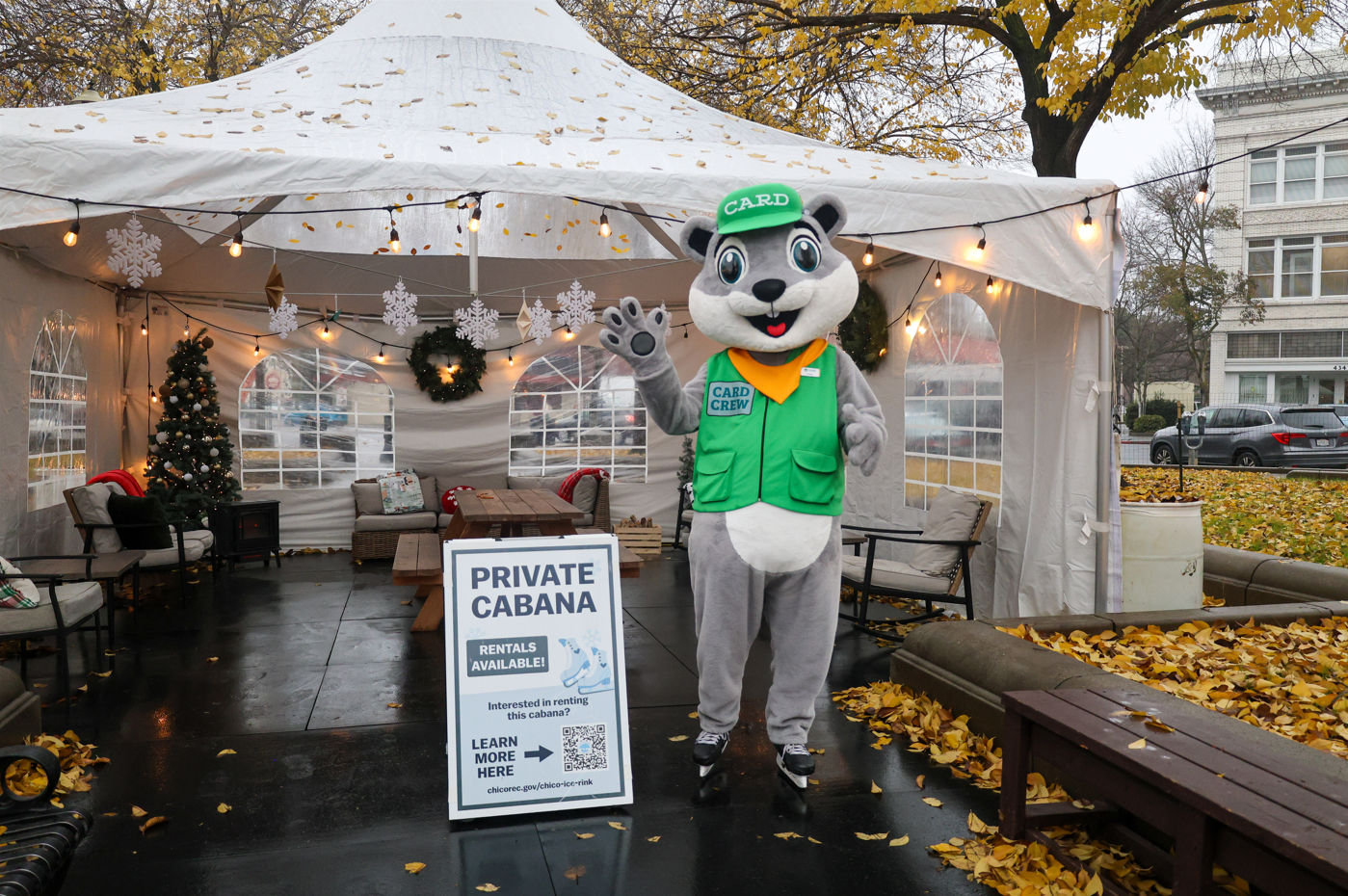 A costumed character in a tent promotes private cabana rentals, decorated for the season with lights and a small Christmas tree.