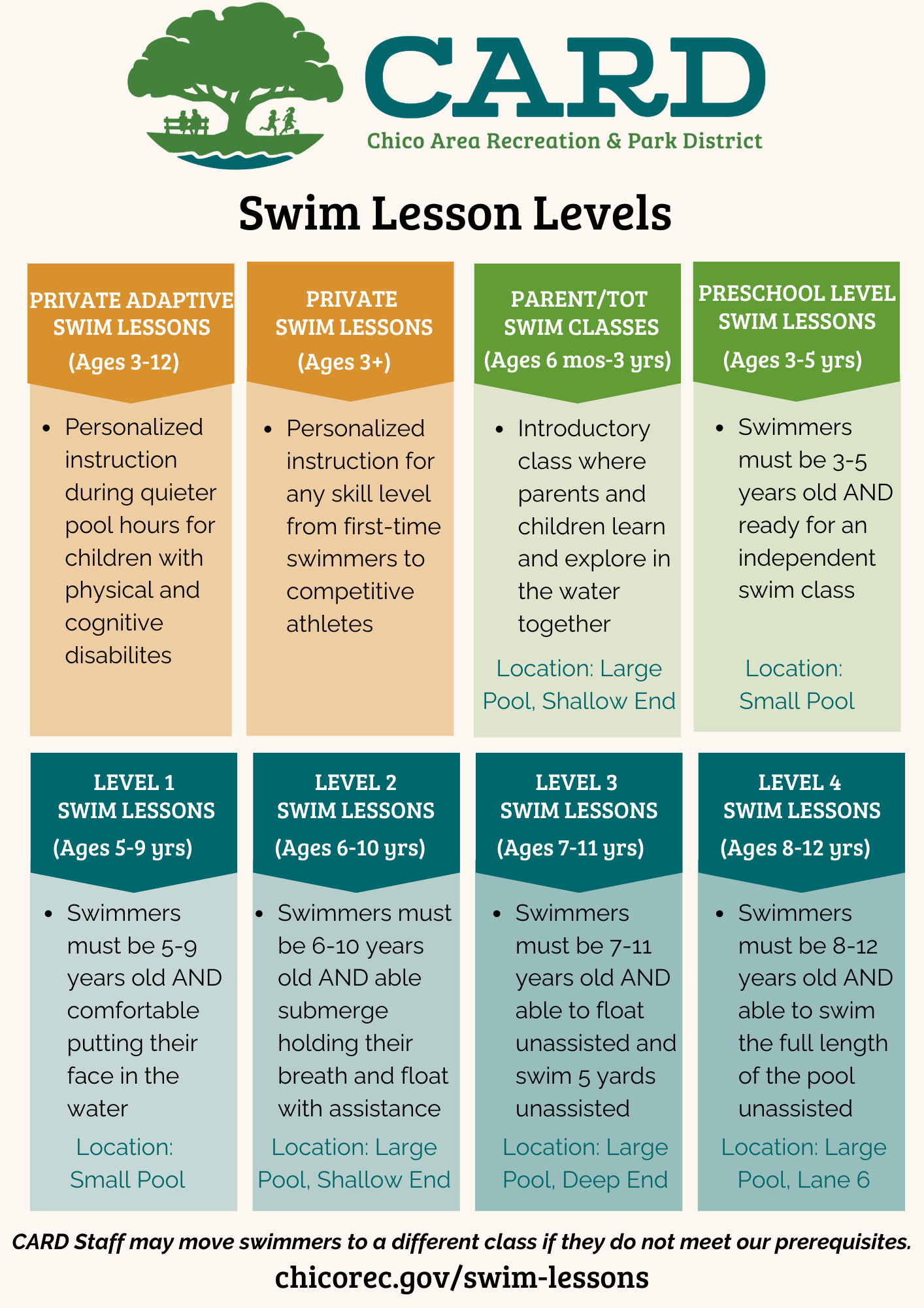 The image outlines swim lesson levels offered by Chico Area Recreation, detailing age groups, requirements, and class types.