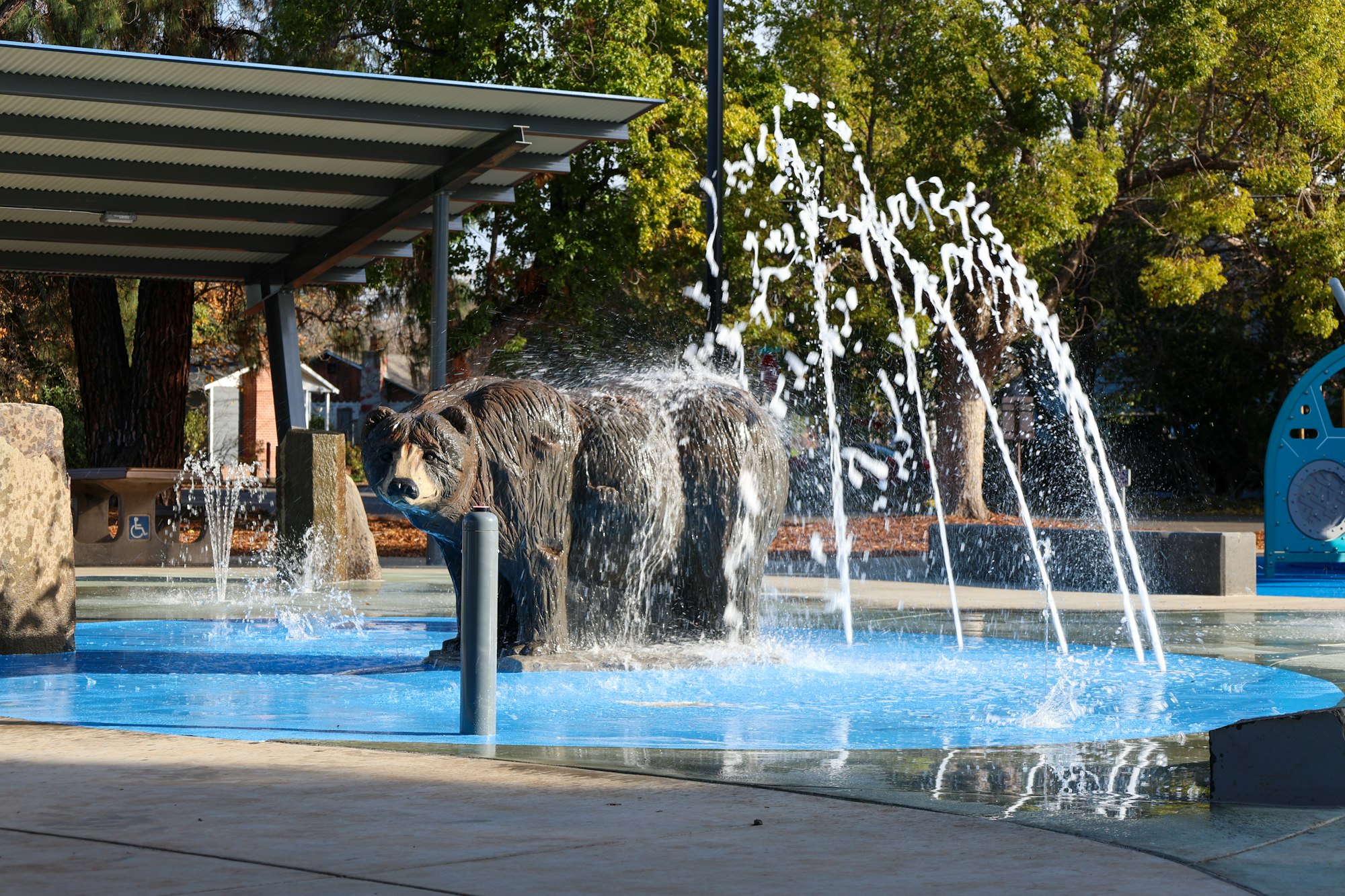 A bear statue in a water fountain, with water jets and a shaded picnic area in the background.