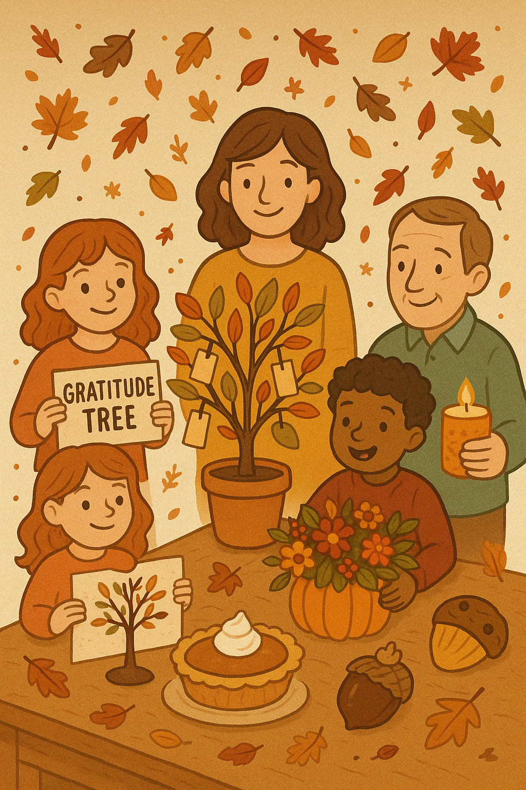 People gathered for fall celebration, displaying a "Gratitude Tree," with autumn leaves, pie, candle, and pumpkin decor.
