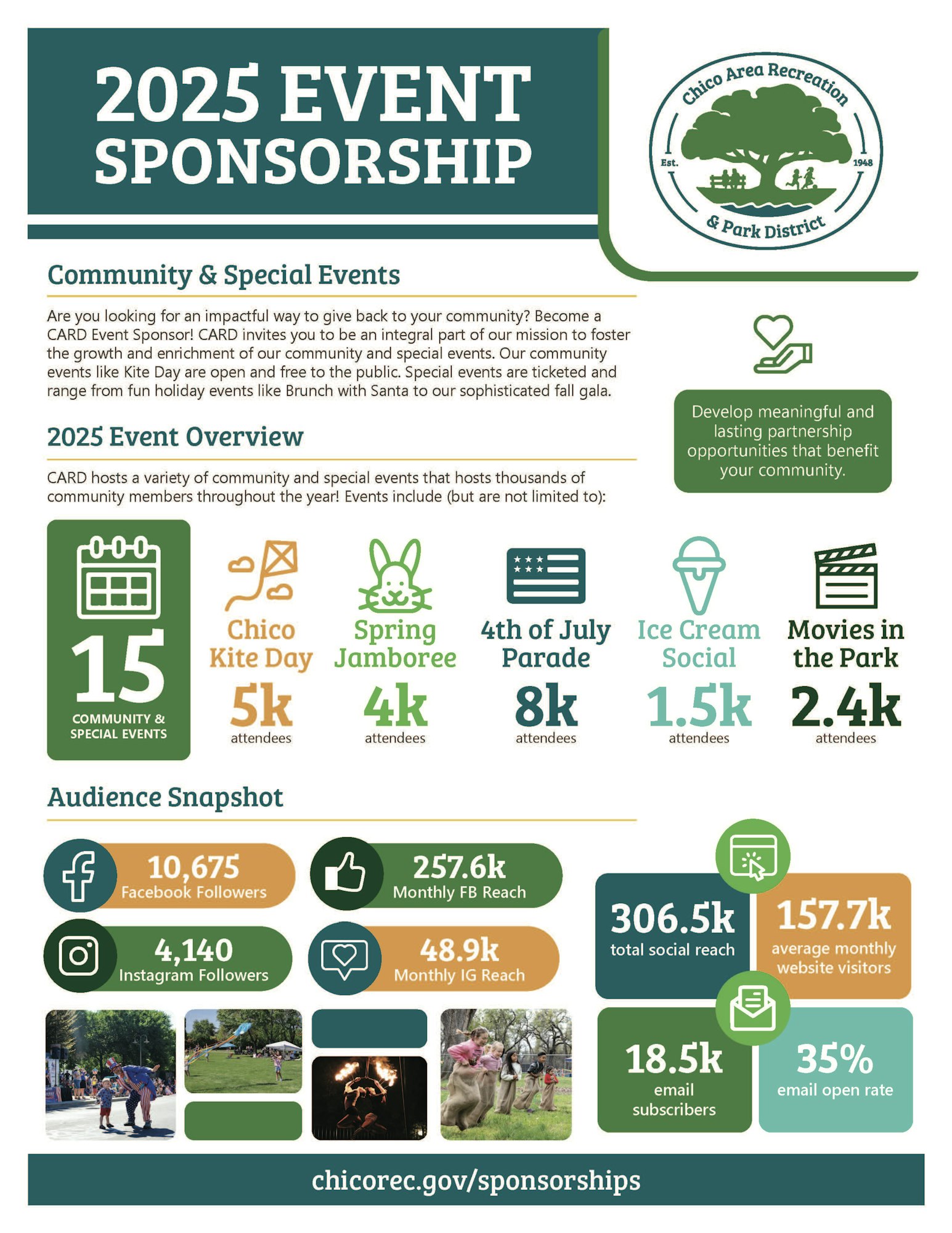 "2025 Event Sponsorship: Chico Area Recreation & Park District events, audience stats, and sponsorship details. Visit chicorec.gov/sponsorships."